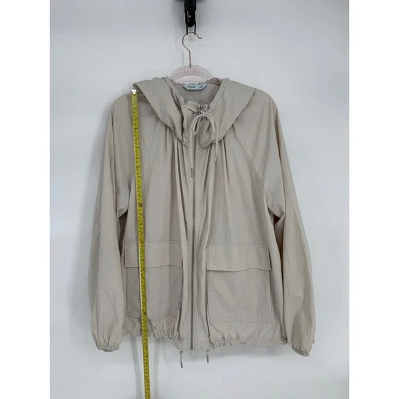 FLX Womens Beige Nylon Hooded Windbreaker Full Zip Utility Jacket Sz M - Picture 2 of 8